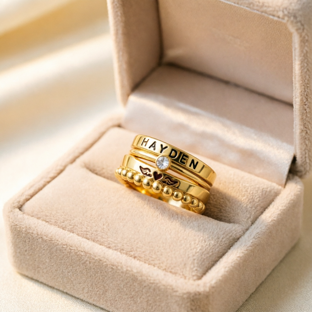 FOR MEMORIAL- ANGEL WINGS CUSTOM BIRTHSTONE&NAME STACKED RING