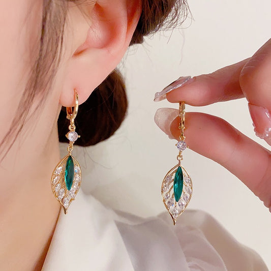 - Green Crystal Leaf Zircon Earrings