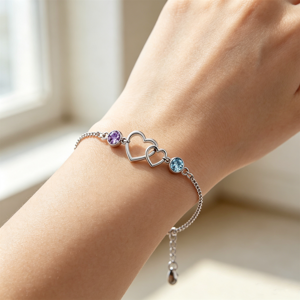 Grandmother&Granddaughter Connected By Heart Double Birthstones Bracelet