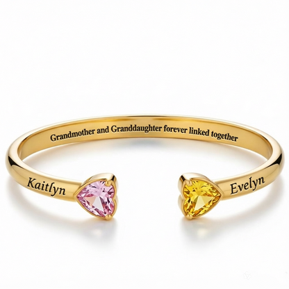 Grandmother And Granddaughter Double Heart Custom Birthstone&Name Bracelet