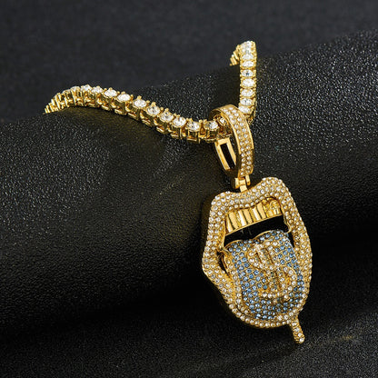 Iced Out Bling CZ Cubic Zirconia Tongue Necklace