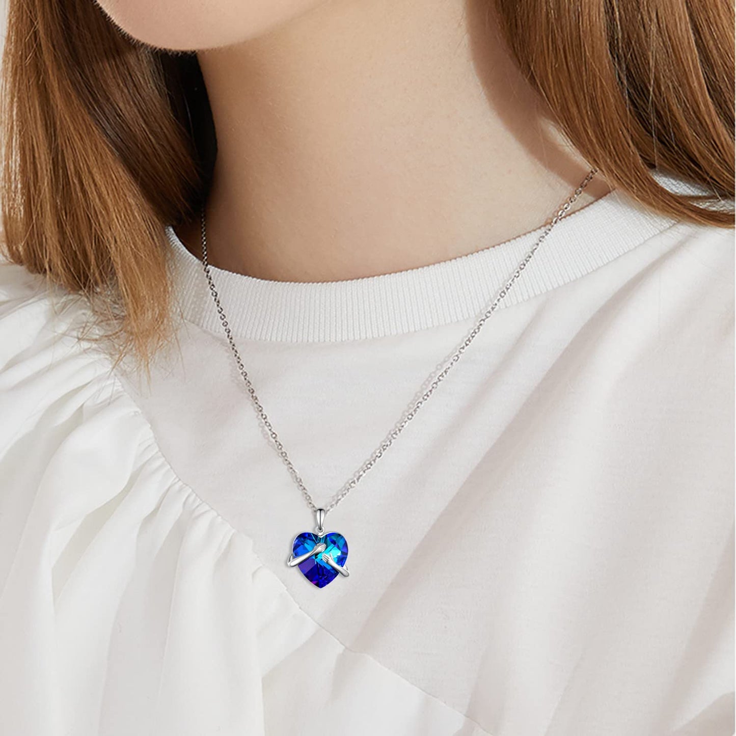 Blue Crystal Heart Hug Necklaces