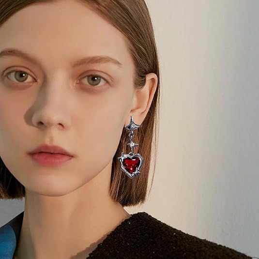 Rhinestone Pointed Star Heart Dangling Earrings