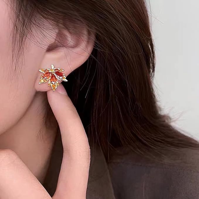 For Love Ones - Red Maple Leaf Rhinestone Stud Drop Dangle Earrings