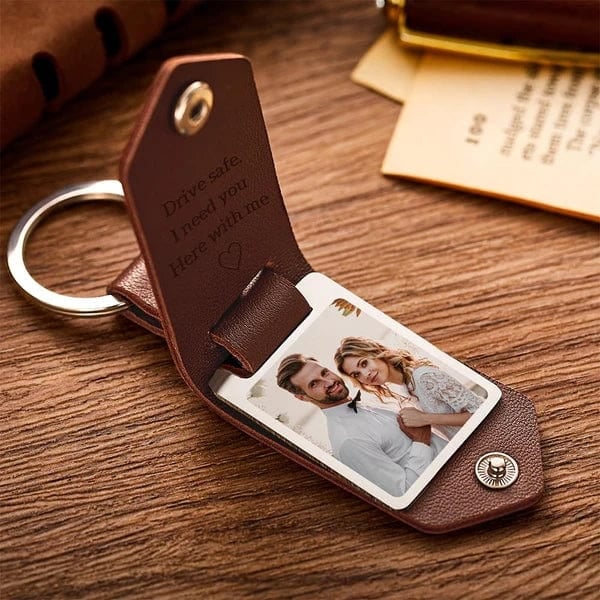 Custom Leather Photo Text Keychain Gifts for Family