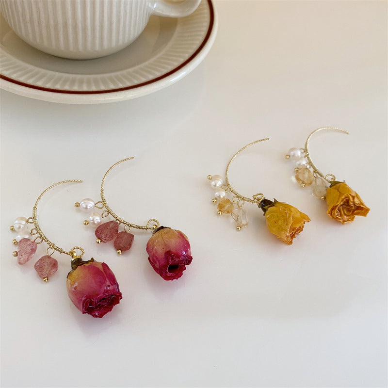 Pearl Dried Rose Flower Earrings