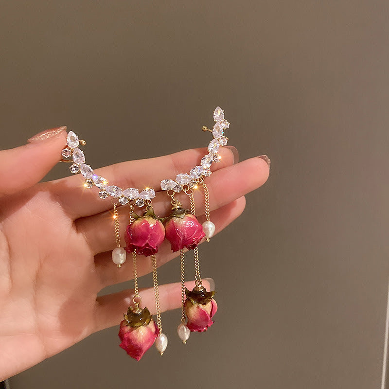 Rhinestone Pearl Dried Rose Flower Earrings