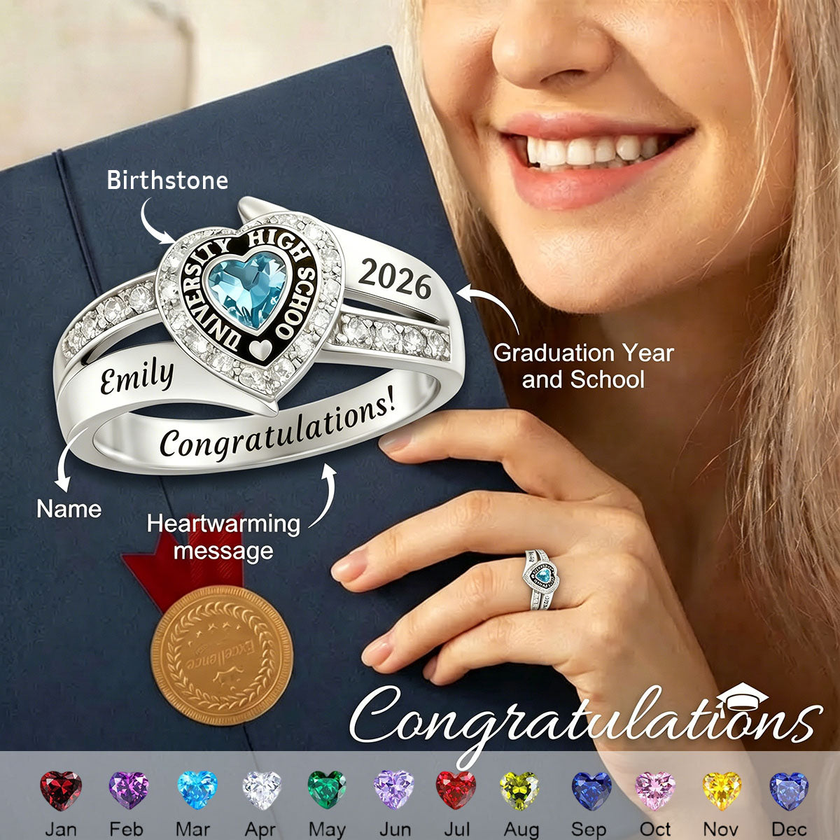 Personalized Engraved Birthstone Graduation Ring - Gifts for Graduates