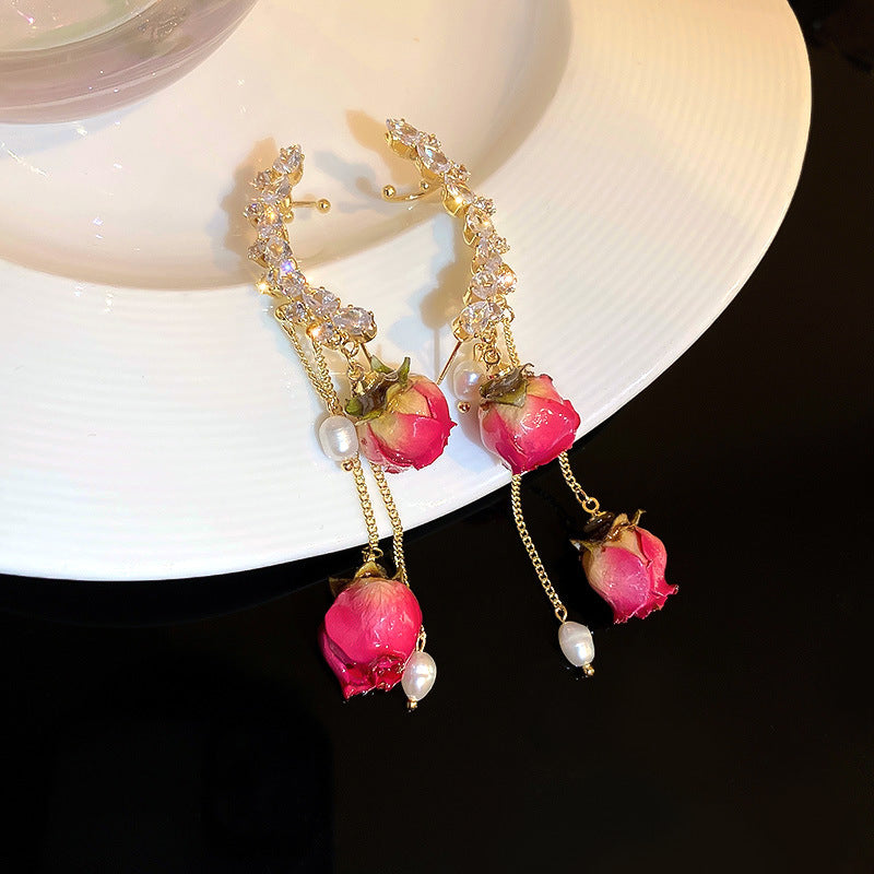 Rhinestone Pearl Dried Rose Flower Earrings