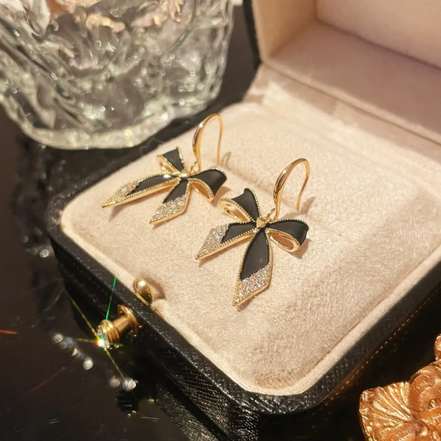 Crystal Elegant Black Bow Earrings