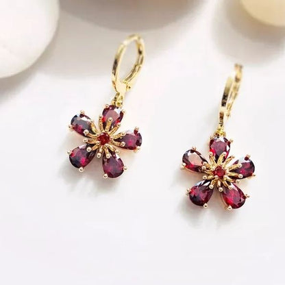 Garnet Flower Dangle Birthstone Earrings | Gift for Her