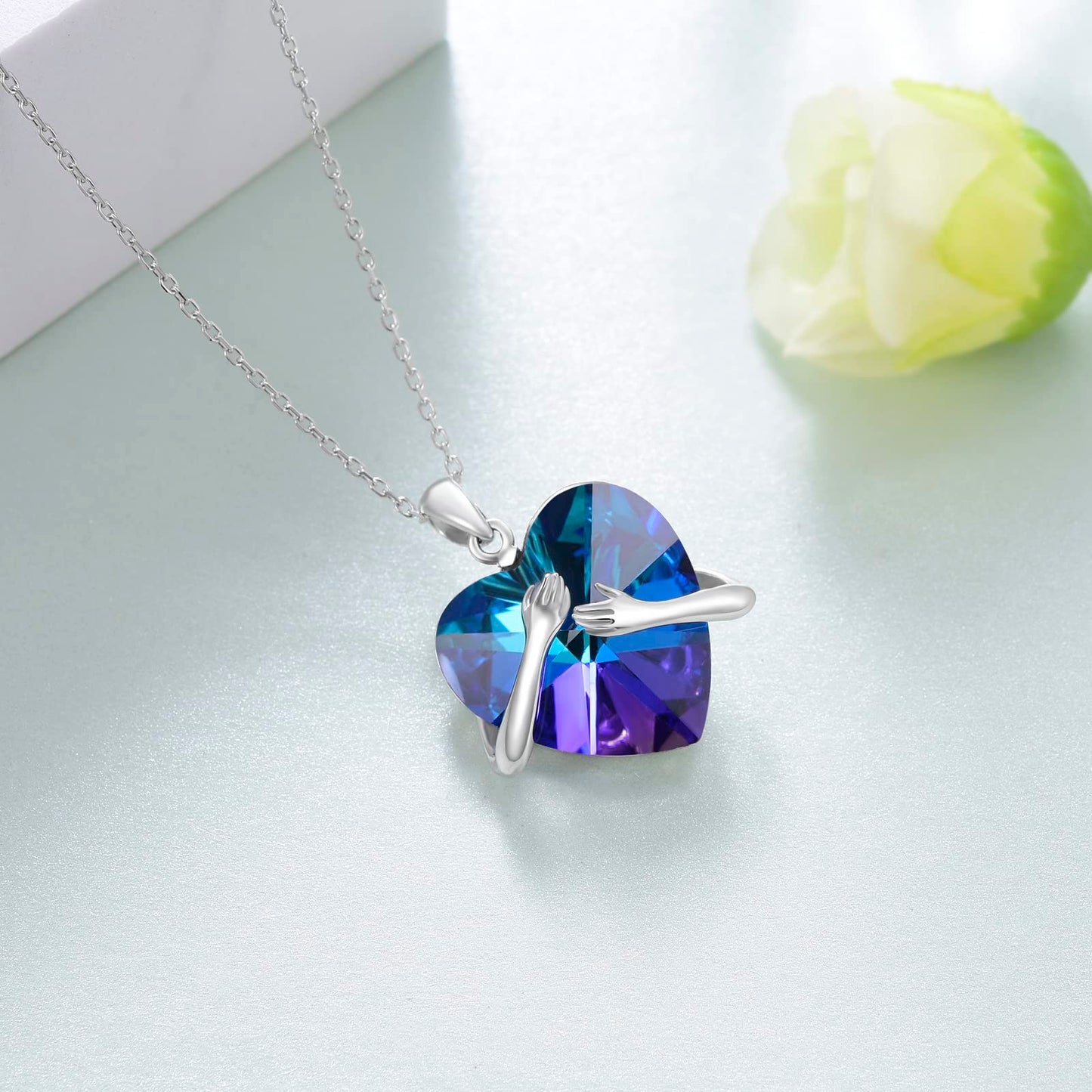 Blue Crystal Heart Hug Necklaces
