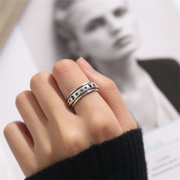 925 Sterling Silver Moon & Stars Spinning Stress Relief Ring