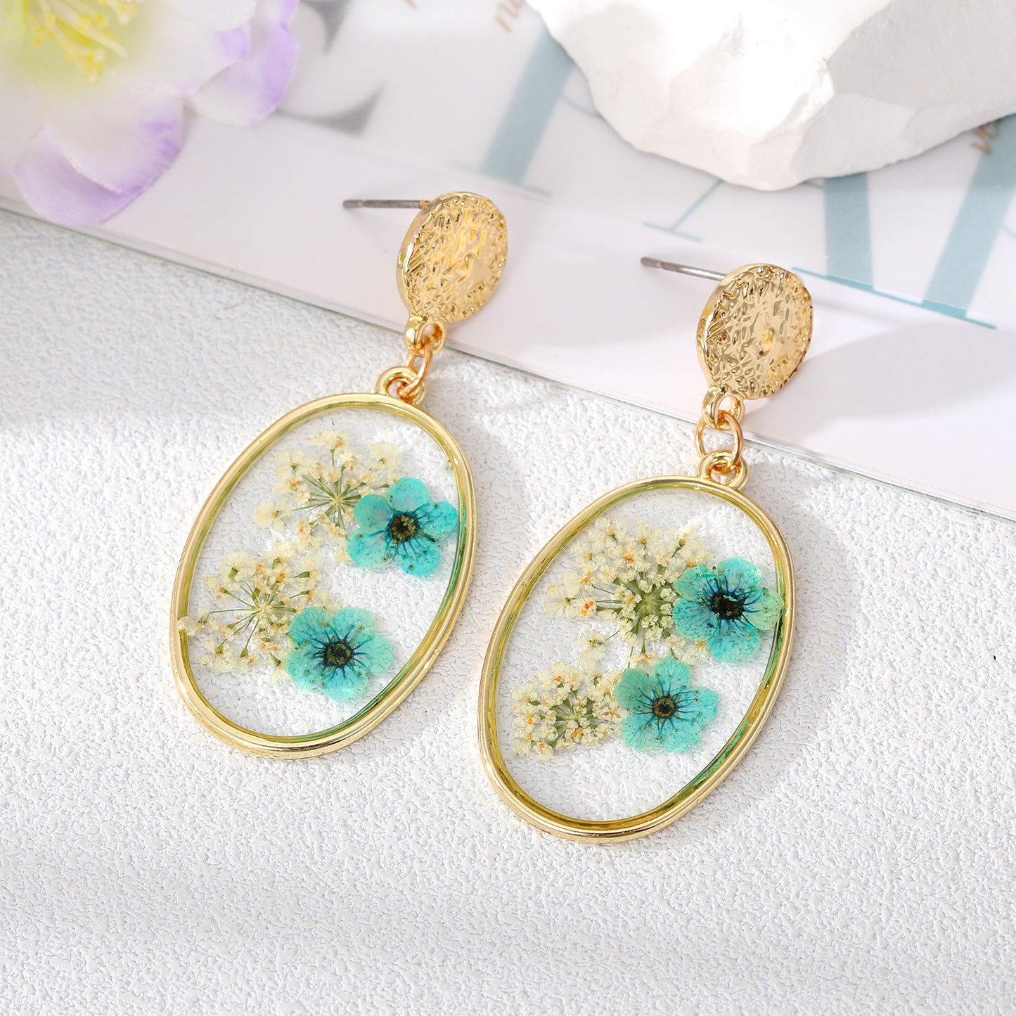 Oval Forget Me Not Flower Earrings