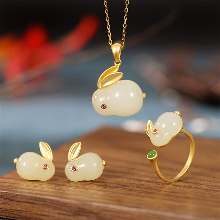 925 Sterling Silver Hetian Jade Lucky Rabbit Jewelry Set