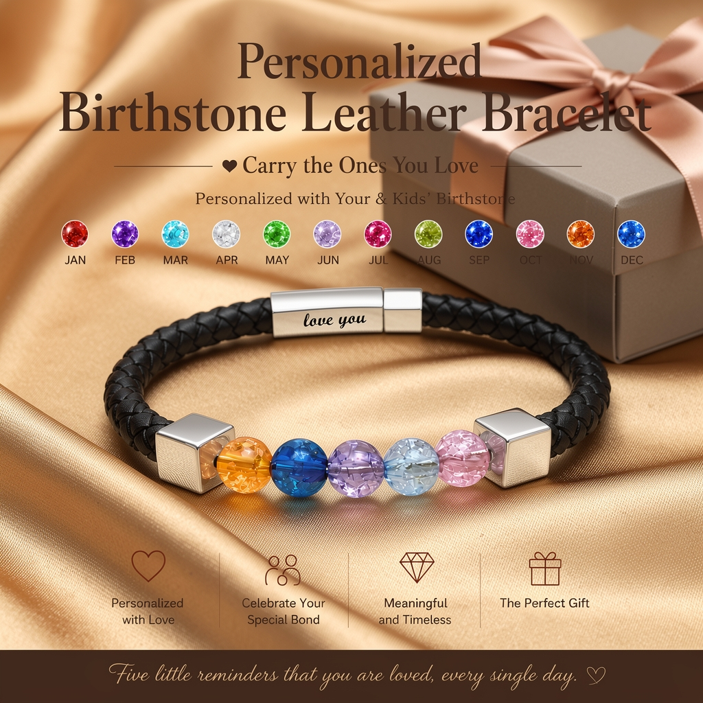 For Love- Personalized Birthstone Leather Bead Bracelet