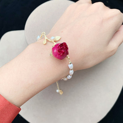 Branch Pearl Dried Rose Flower Bracelet Necklace
