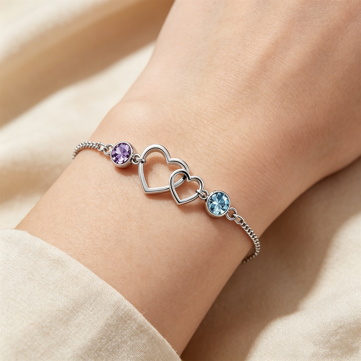 Grandmother&Granddaughter Connected By Heart Double Birthstones Bracelet