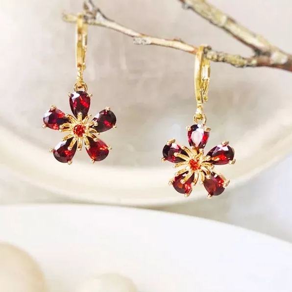 Garnet Flower Dangle Birthstone Earrings | Gift for Her