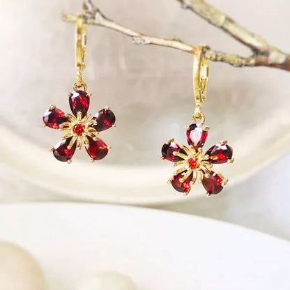 Garnet Flower Dangle Birthstone Earrings | Gift for Her