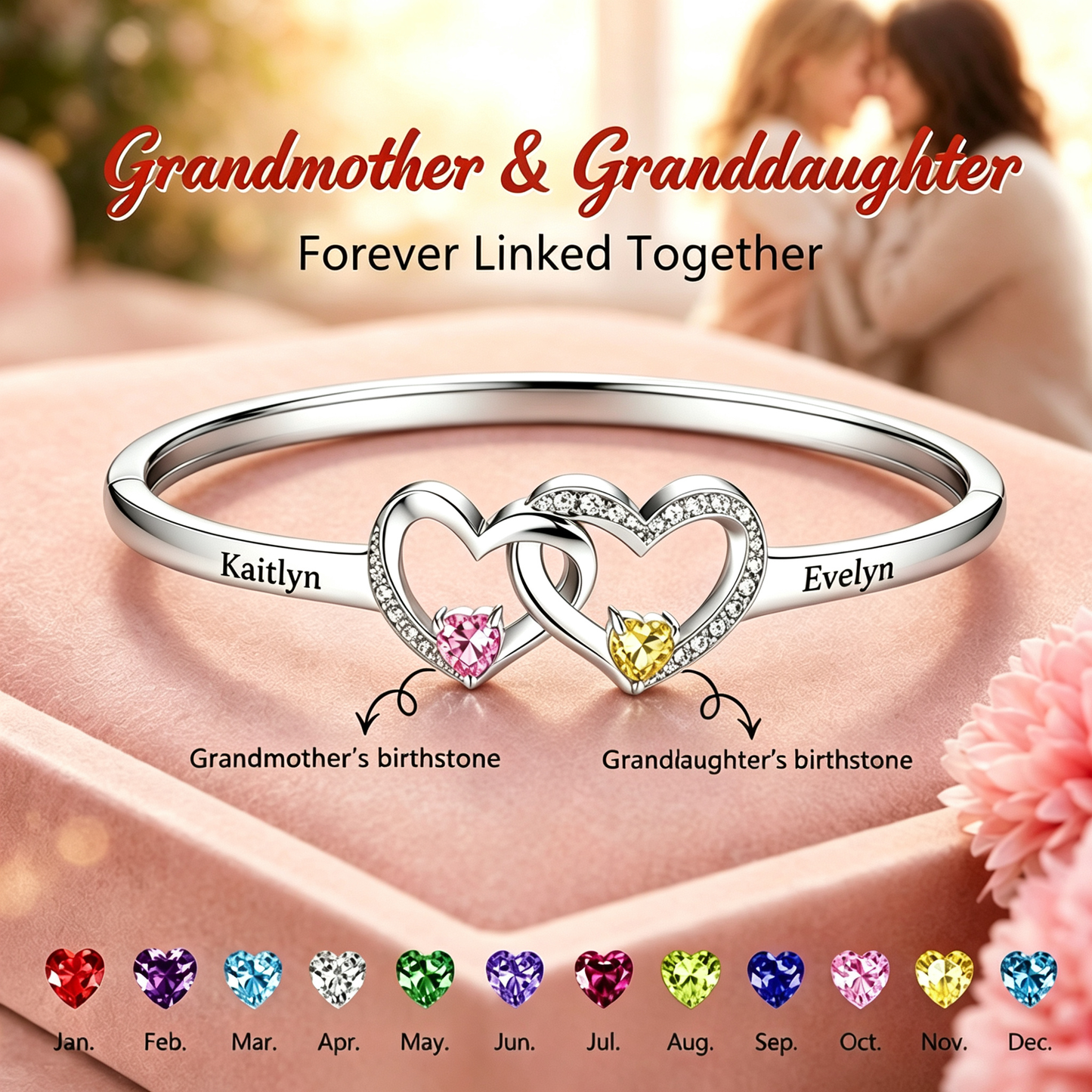 Personalized Grandmother And Granddaughter Double Heart Birthstone&Name Bracelet