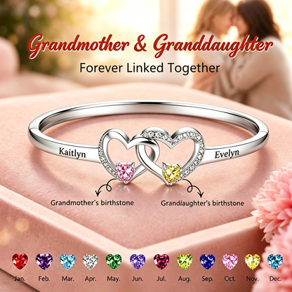 Personalized Grandmother And Granddaughter Double Heart Birthstone&Name Bracelet