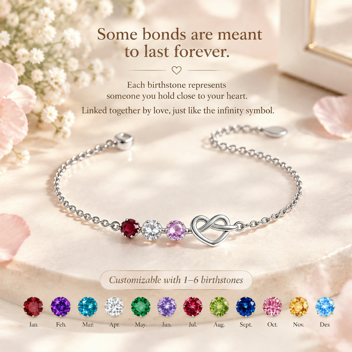 Custom 1–6 Birthstones Love Knot Infinity Birthstone Bracelet