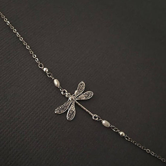 Silver Dragonfly Anklet With Pearl