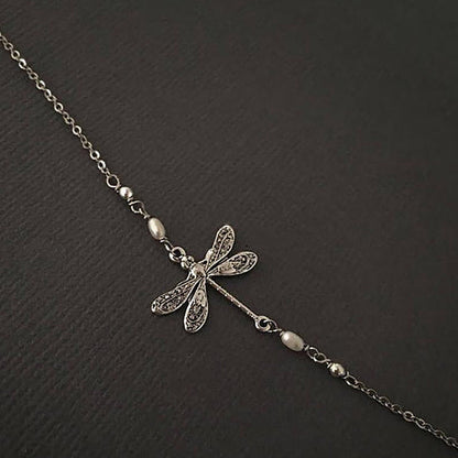 Silver Dragonfly Anklet With Pearl