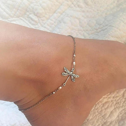 Silver Dragonfly Anklet With Pearl