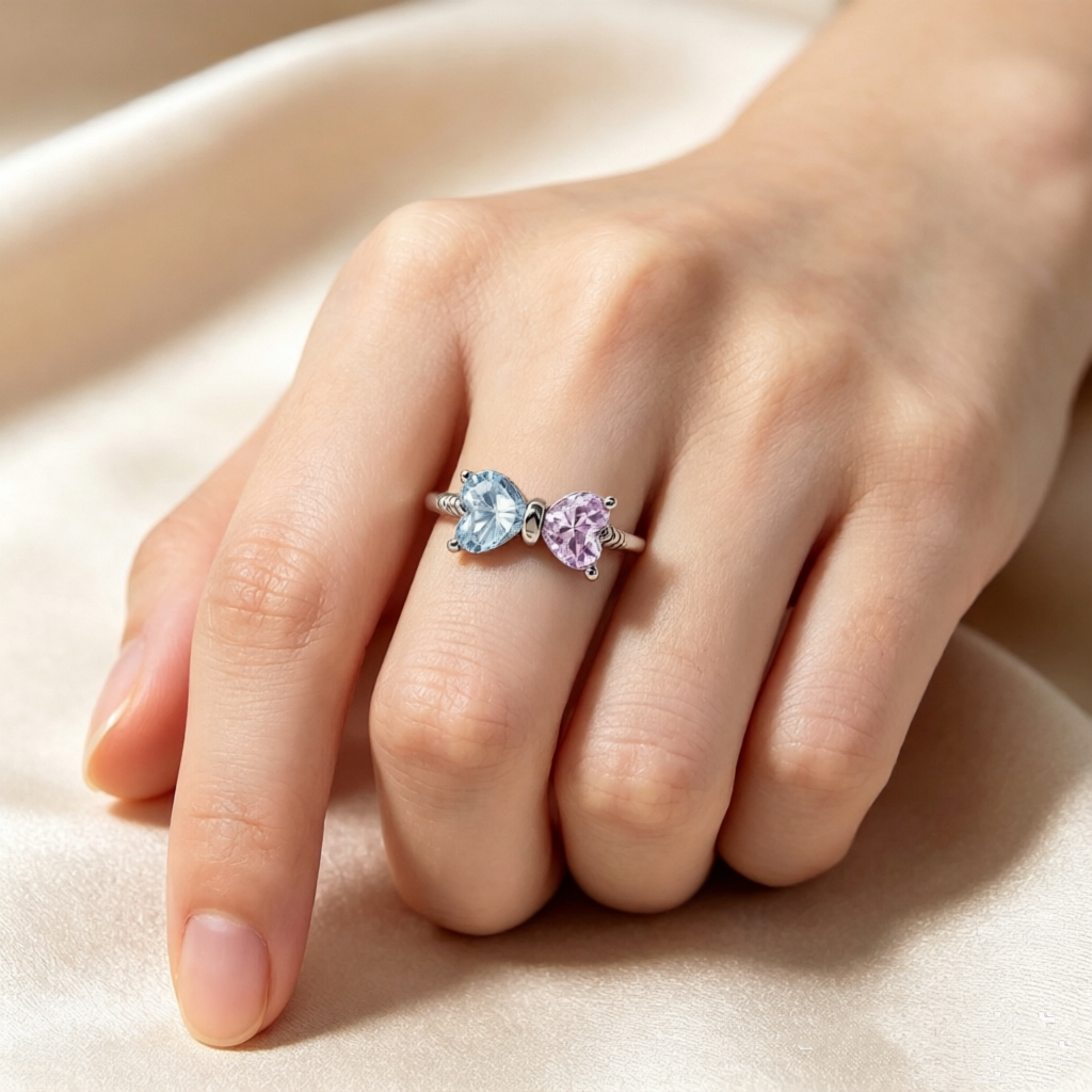 🎀Mother&Daughter Double Birthstones Bow Ring