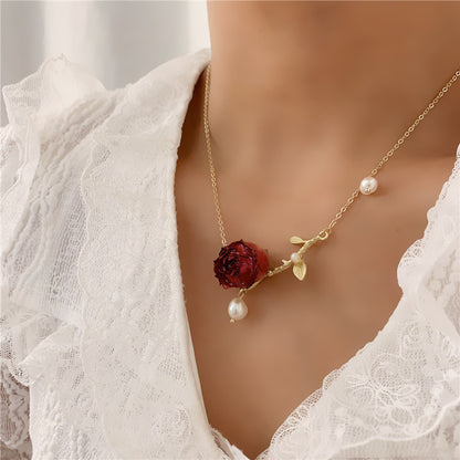 Branch Pearl Dried Rose Flower Bracelet Necklace