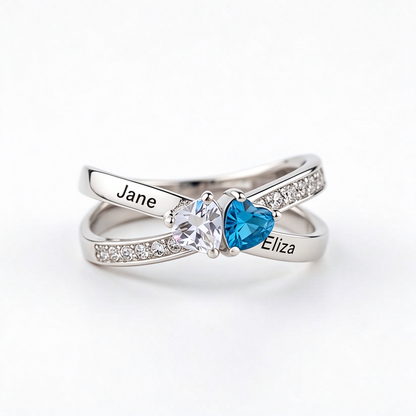 Mother&Daughter Custom Double Heart Birthstone&Name Ring