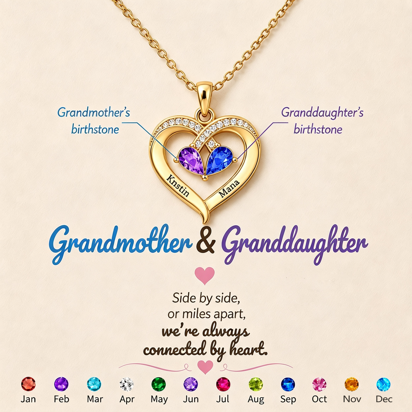 Grandmother And Granddaughter Custom Double Birthstones&Name Heart Necklace