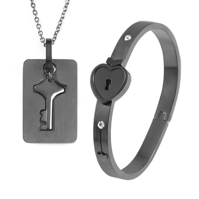 Key to My Heart Couple Key Necklace and Love Lock Bracelet Gift Set
