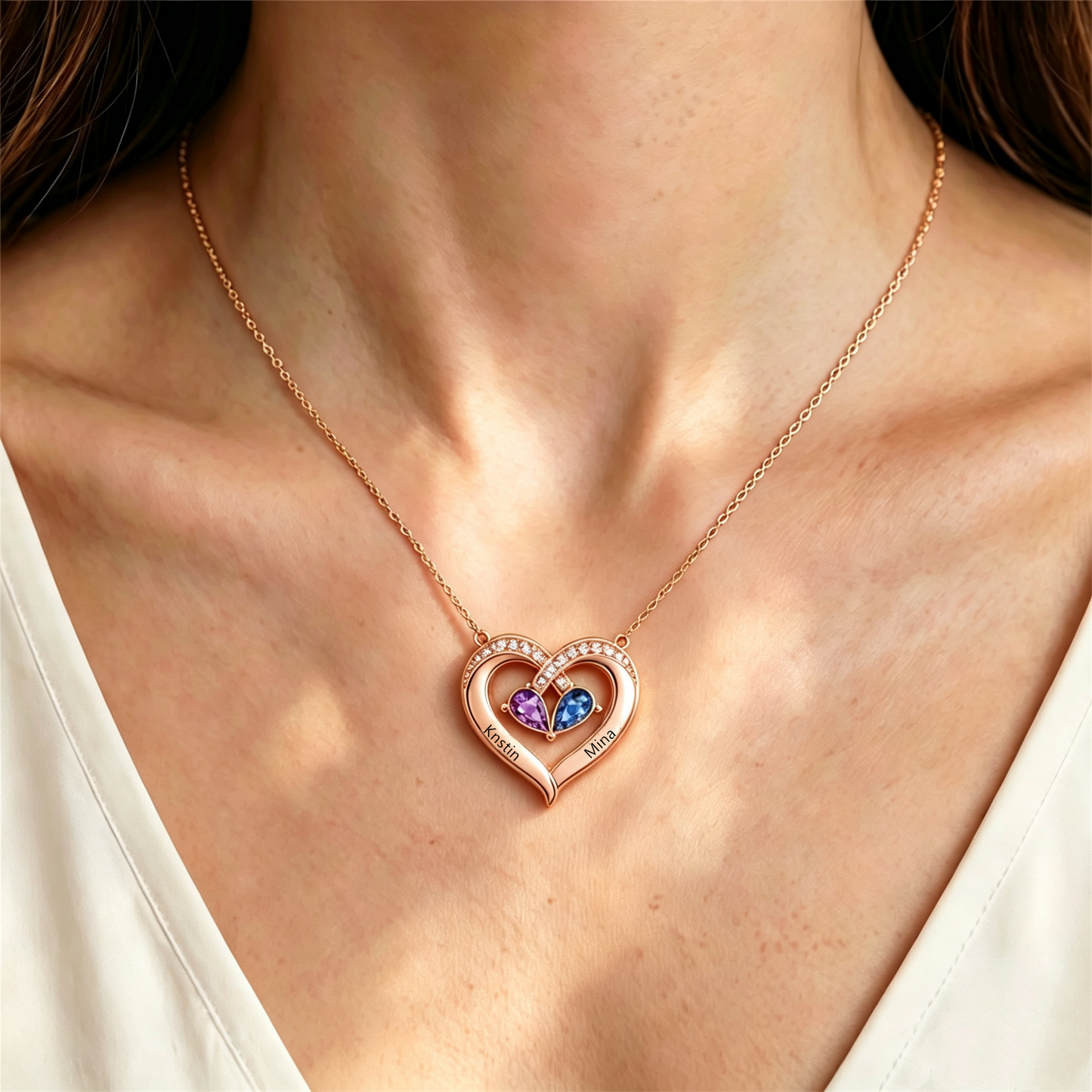 Mother And Daughter Custom Double Birthstones&Name Heart Necklace