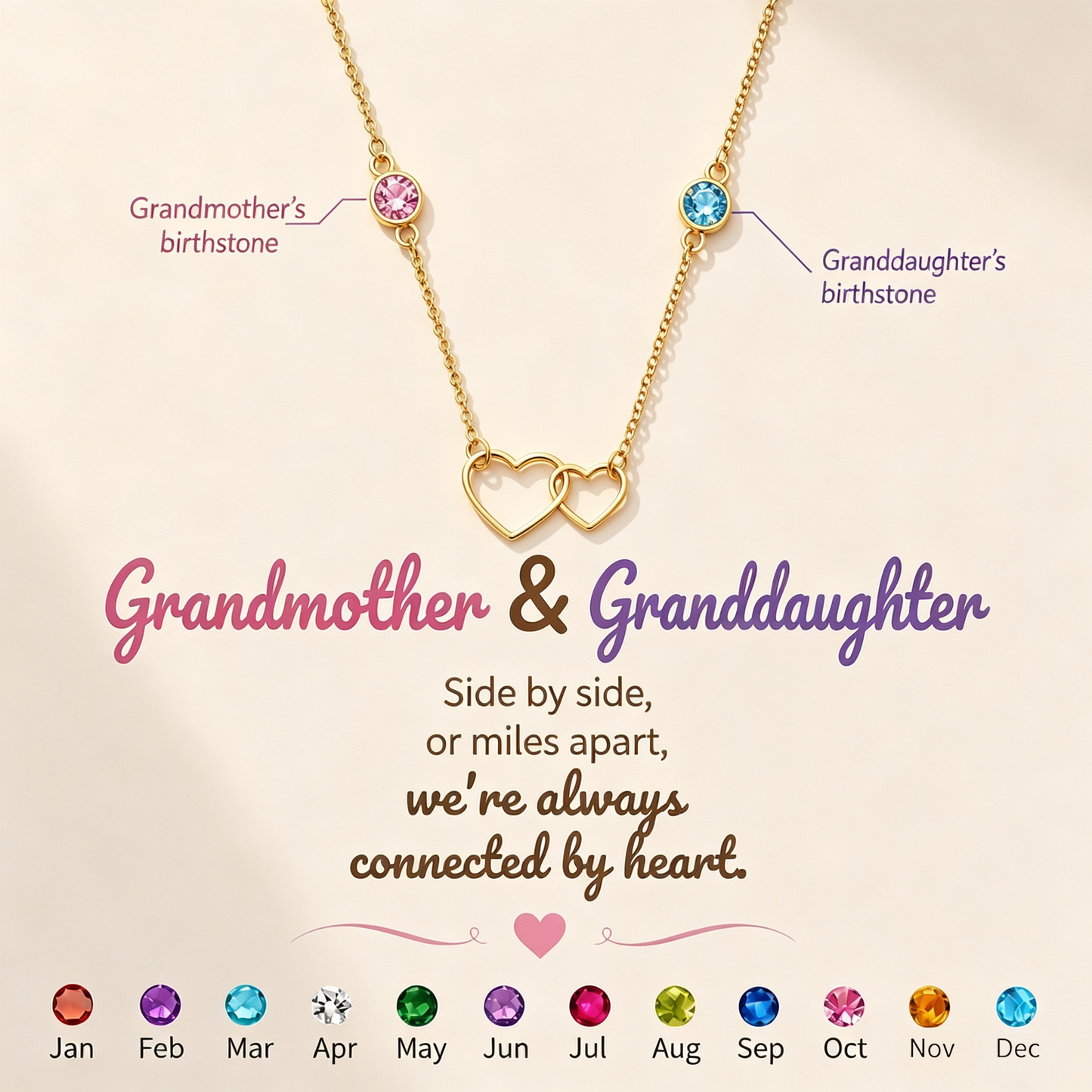 Grandmother&Granddaughter Connected By Heart Double Birthstones Necklace
