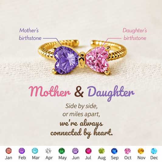 Mother&Daughter Double Birthstones Bow Ring