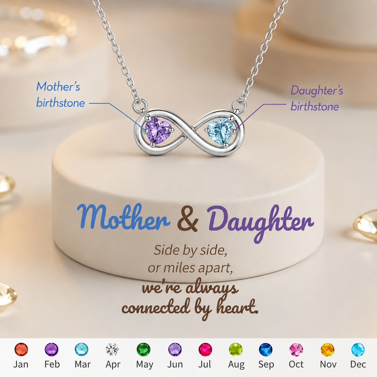 Mother&Daughter Connected By Heart Double Birthstones Infinity Necklace
