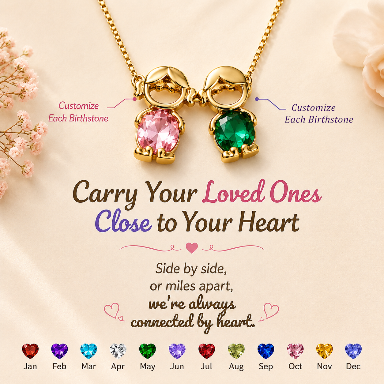 For Love- Personalized Heart Birthstone Doll Family Necklace