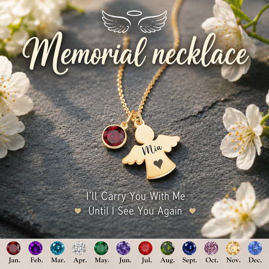 Always In My Heart - Personalized Angel Charm Birthstone Memorial Necklace