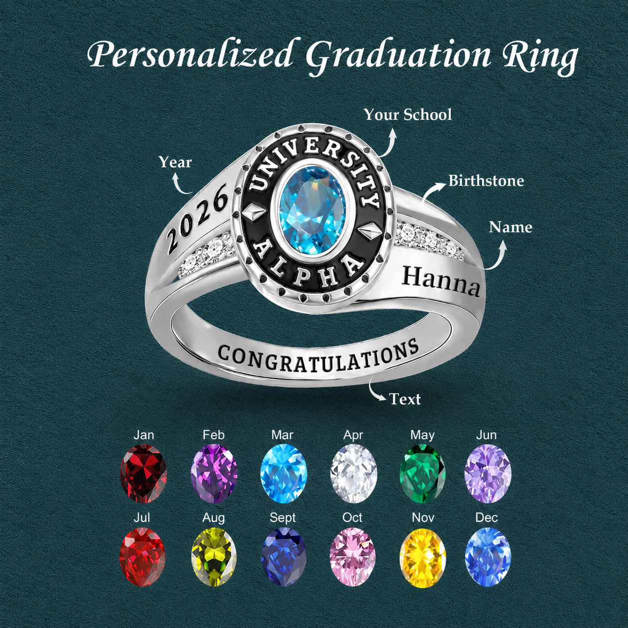 Personalized Engraved Birthstone Graduation Ring - Gifts for Graduates