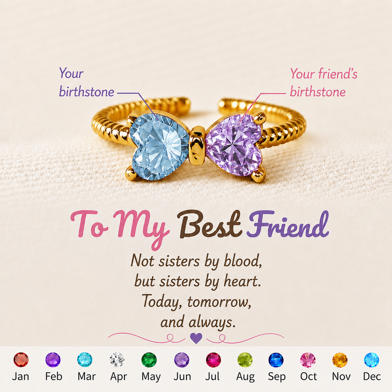 For Friend-Not Sisters By Blood But Sisters By Heart Custom Birthstones Bow Ring