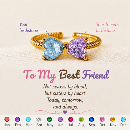 For Friend-Not Sisters By Blood But Sisters By Heart Custom Birthstones Bow Ring