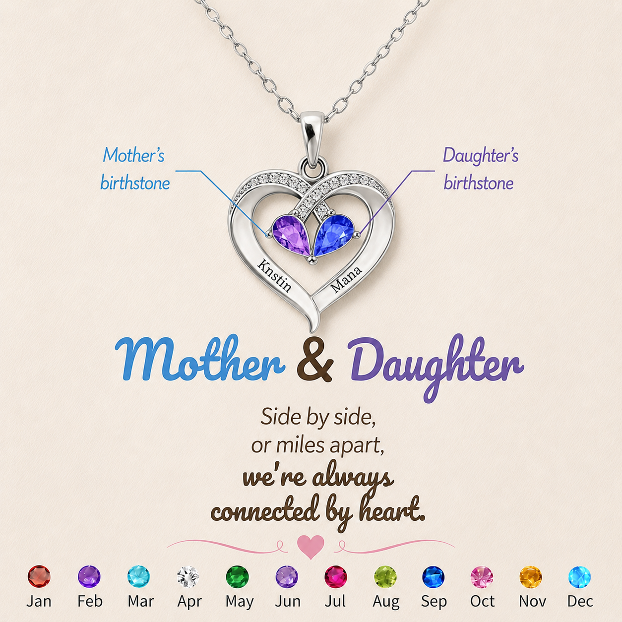 Mother And Daughter Custom Double Birthstones&Name Heart Necklace