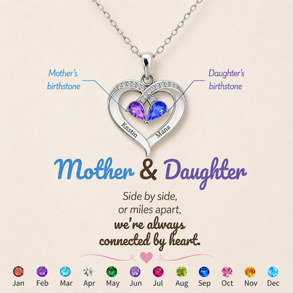 Mother And Daughter Custom Double Birthstones&Name Heart Necklace