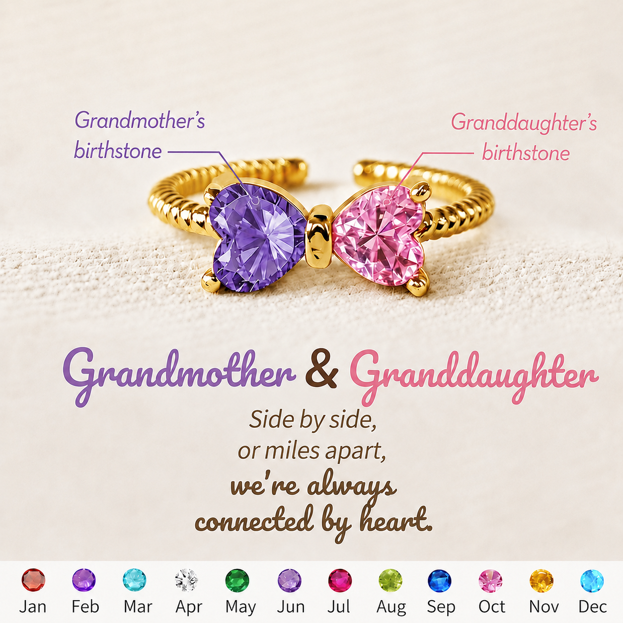 Grandmother&Granddaughter Double Birthstones Bow Ring