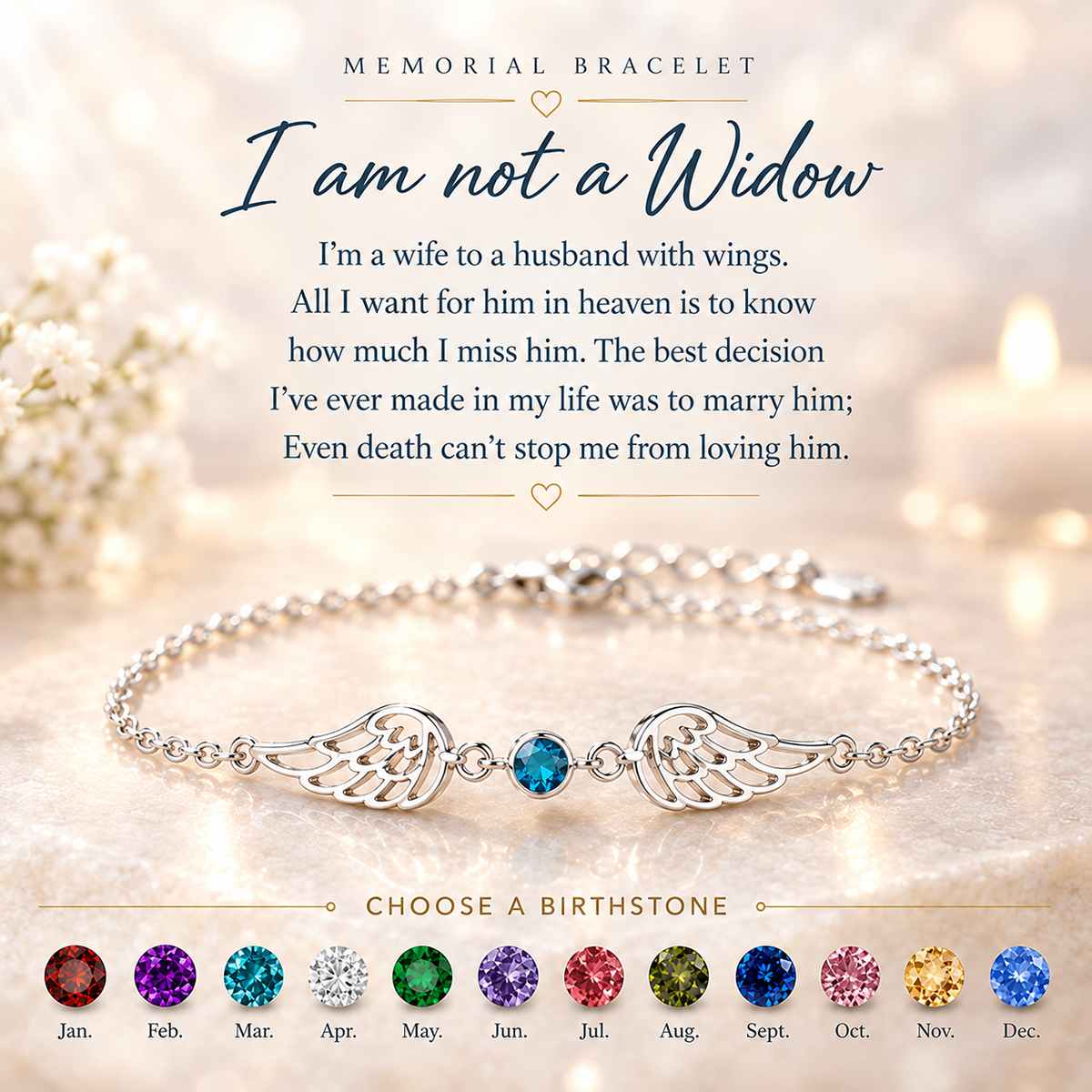For Memorial -  I'm a Wife to a Husband  Custom Birthstone Wing Bracelet