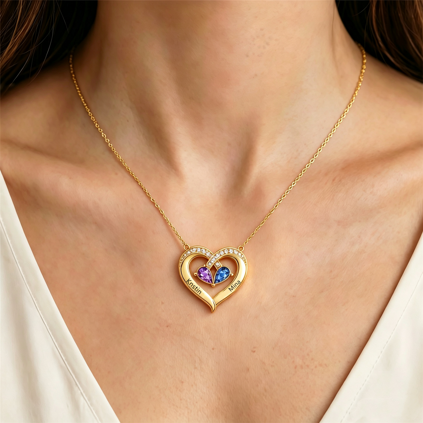 Mother And Daughter Custom Double Birthstones&Name Heart Necklace