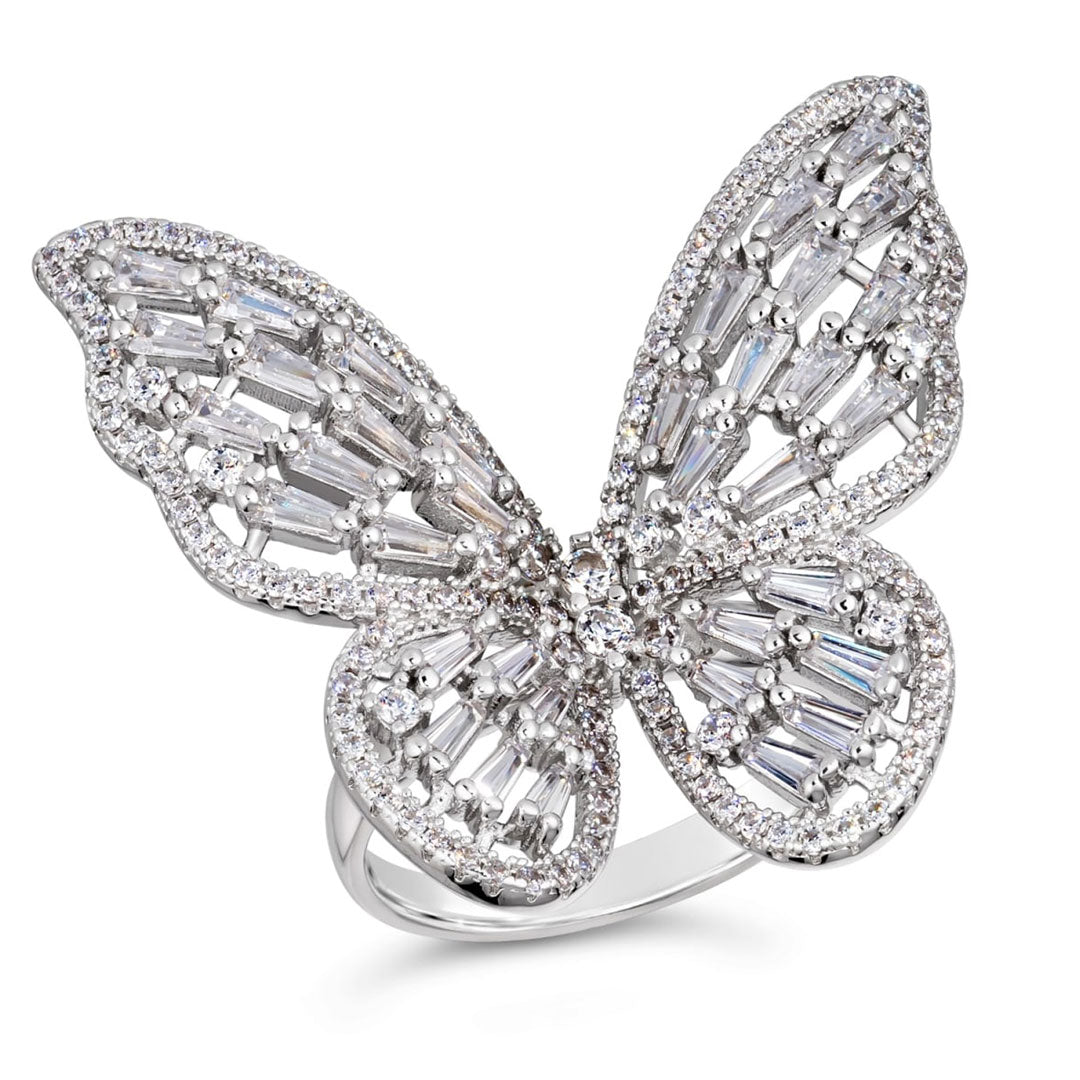 Rhodium Cubic Zirconia Butterfly Statement Ring